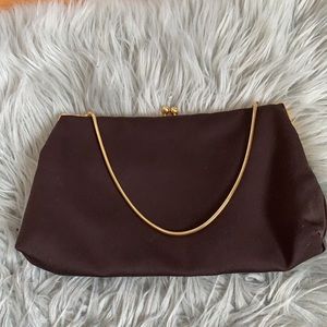 2/$18 Brown Satin Purse with Gold Chain Top Handle